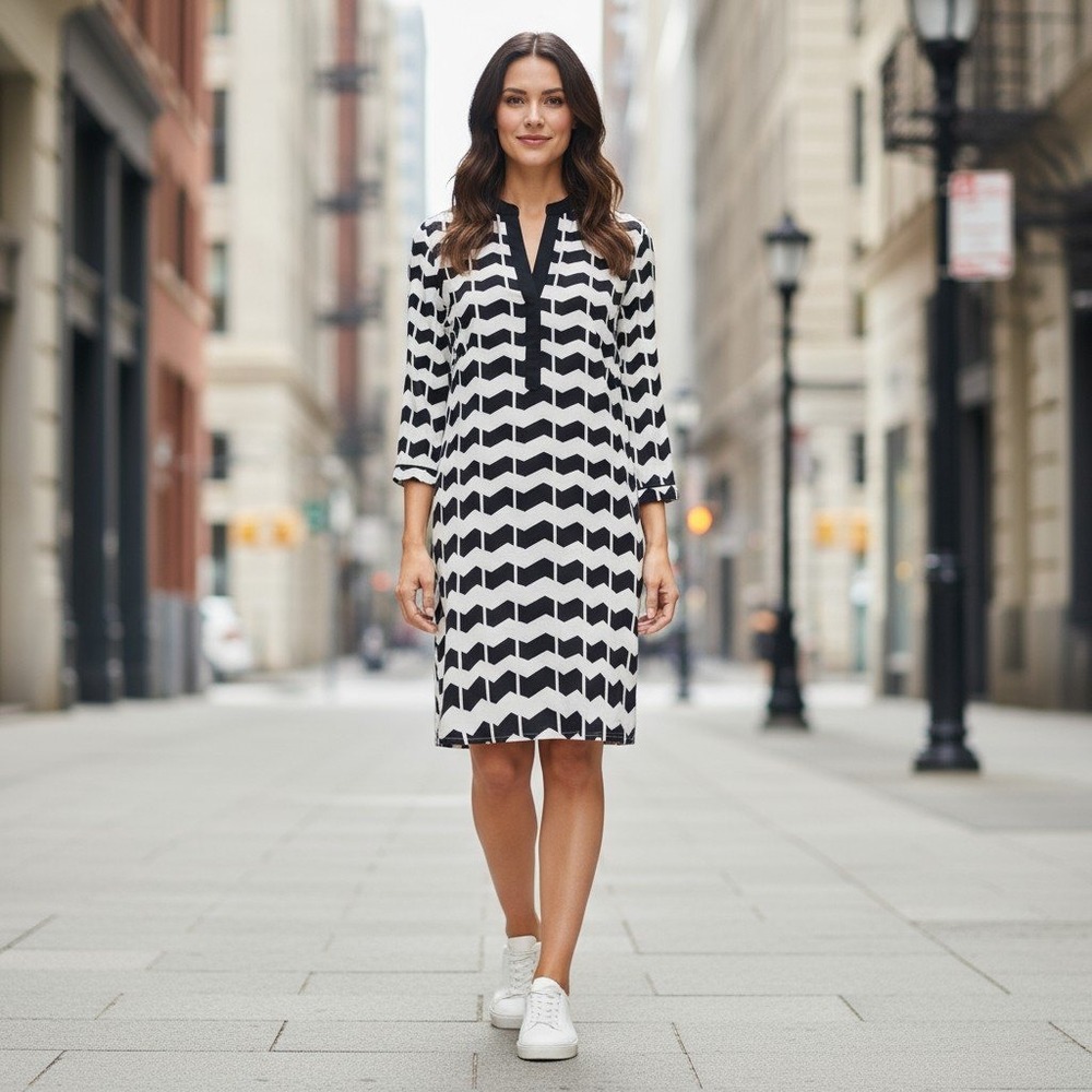 crown & Ivy Womens Dress Size 12 Black White Chevron Block Party Tunic Shift NEW